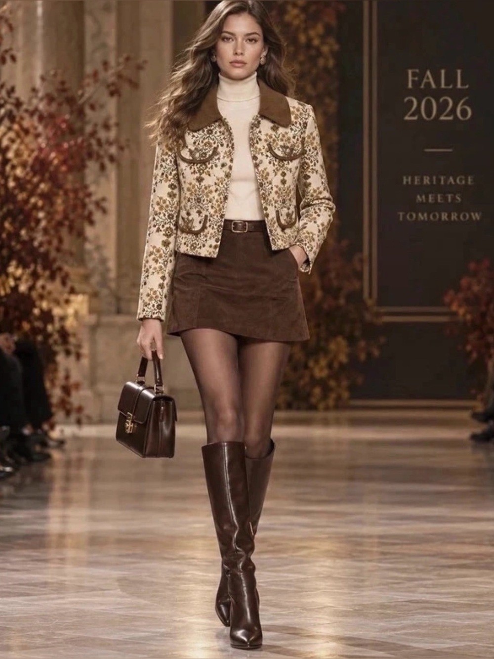 Avec Les Filles Cream Floral Cream Jacquard Cropped Jacket Brown Corduroy Collar - Picture 2 of 8